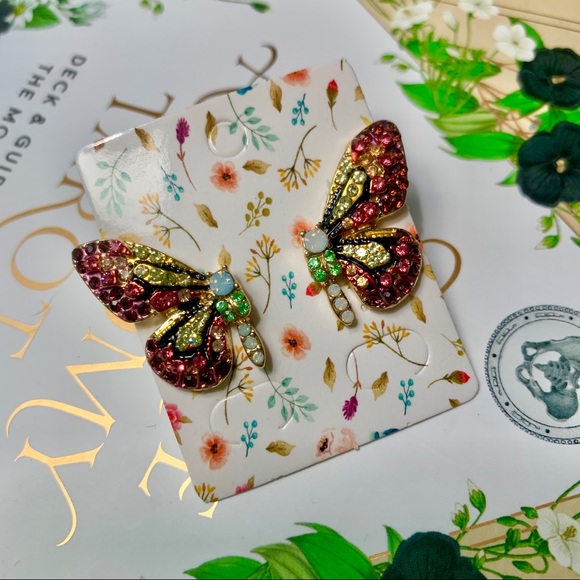 Pave Butterfly Wings Golden Earrings NEW - Picture 2 of 12